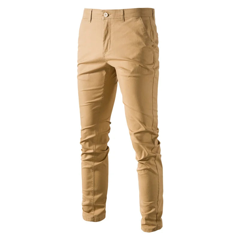 Chinobroek voor heren in kaki, slim fit casual broek met knoopsluiting
