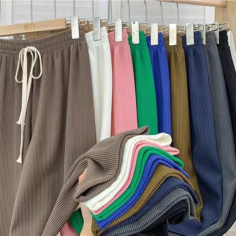 Geribde broek met wijde pijpen en trekkoord