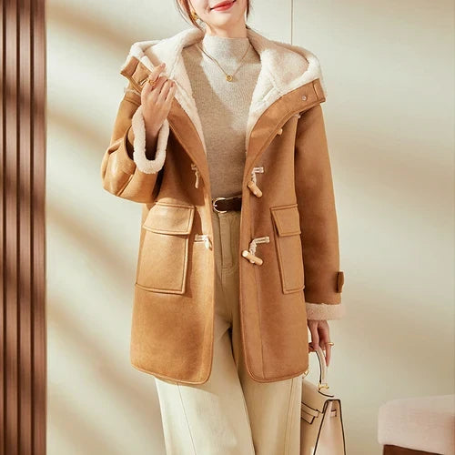 Damen Dufflecoat mit Kapuze und Knebelverschlüssen in Camel