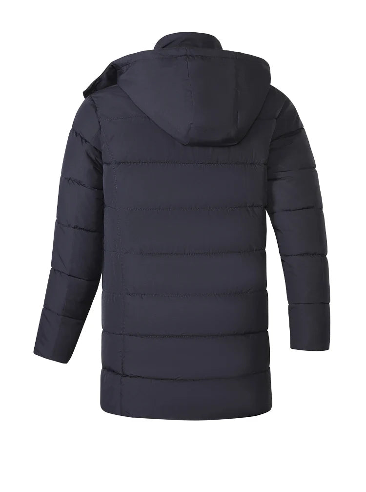 Lange gewatteerde herenwinterjas met capuchon, outdoorjas