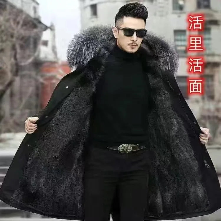 Herren Winterparka Schwarz mit Kapuze und Plüschfutter