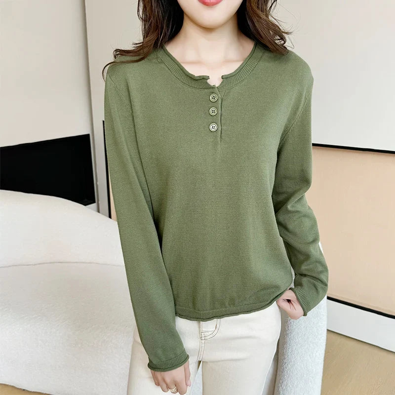 Damen Henley-Pullover Langarm mit Knopfleiste