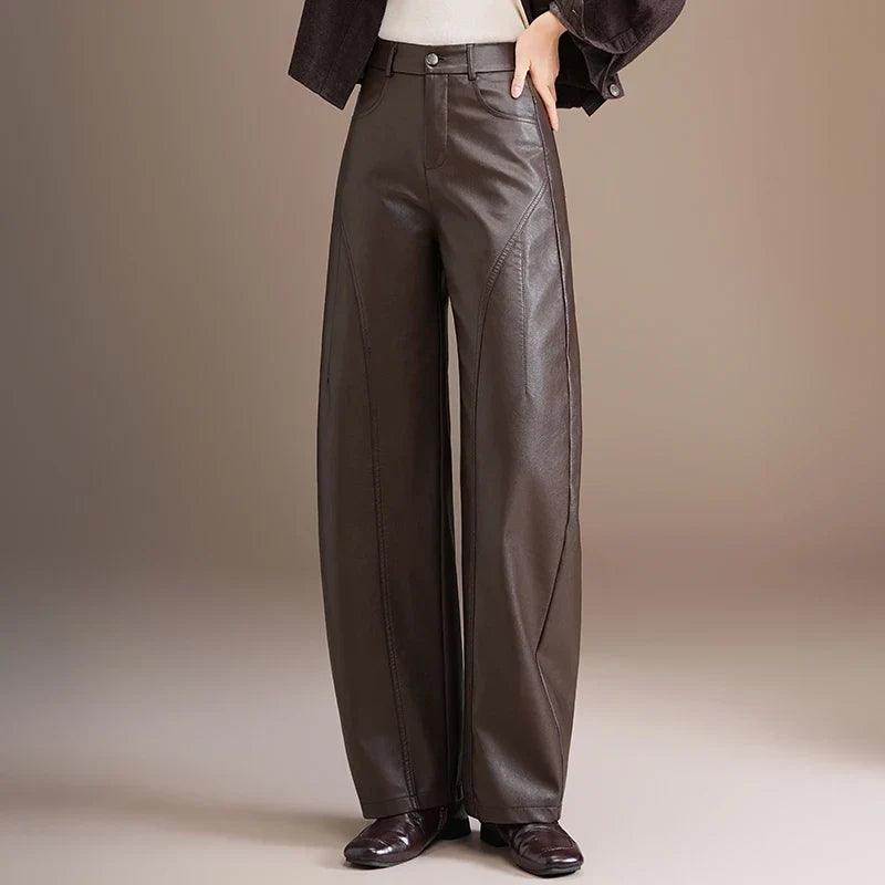 Dameswijde broek met wijde pijpen in lederlook - elegant, hoog getailleerd, bruin of zwart