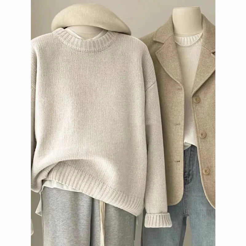 Unisex Rundhals Pullover Grobstrick Oversize Locker Casual Langarm