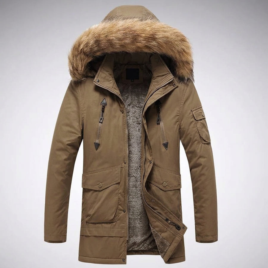 Herren Winterparka mit Kapuze und Fellimitatbesatz, warm gefüttert, langarm, Reißverschluss