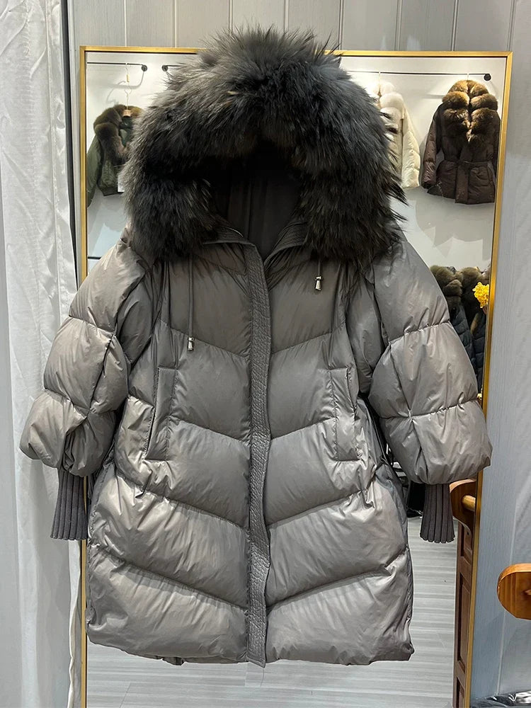 Damen Pufferjacke mit großer Kapuze und Pelzbesatz, Langarm, Khaki