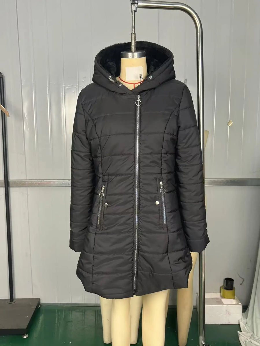 Damen Winter Steppmantel Schwarz mit Kapuze und Reißverschlüssen