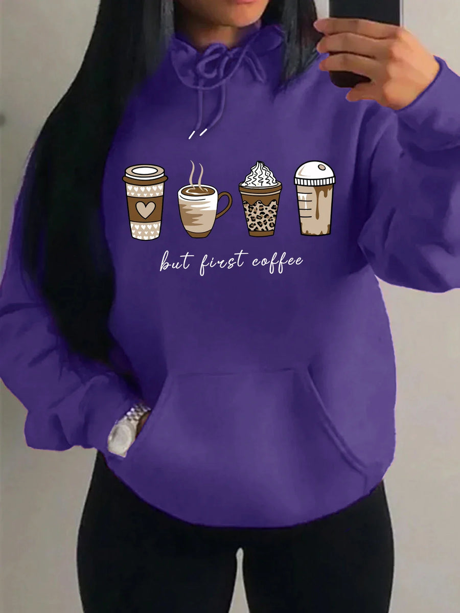 Dameshoodie met "But First Coffee"-opdruk en kangoeroezak