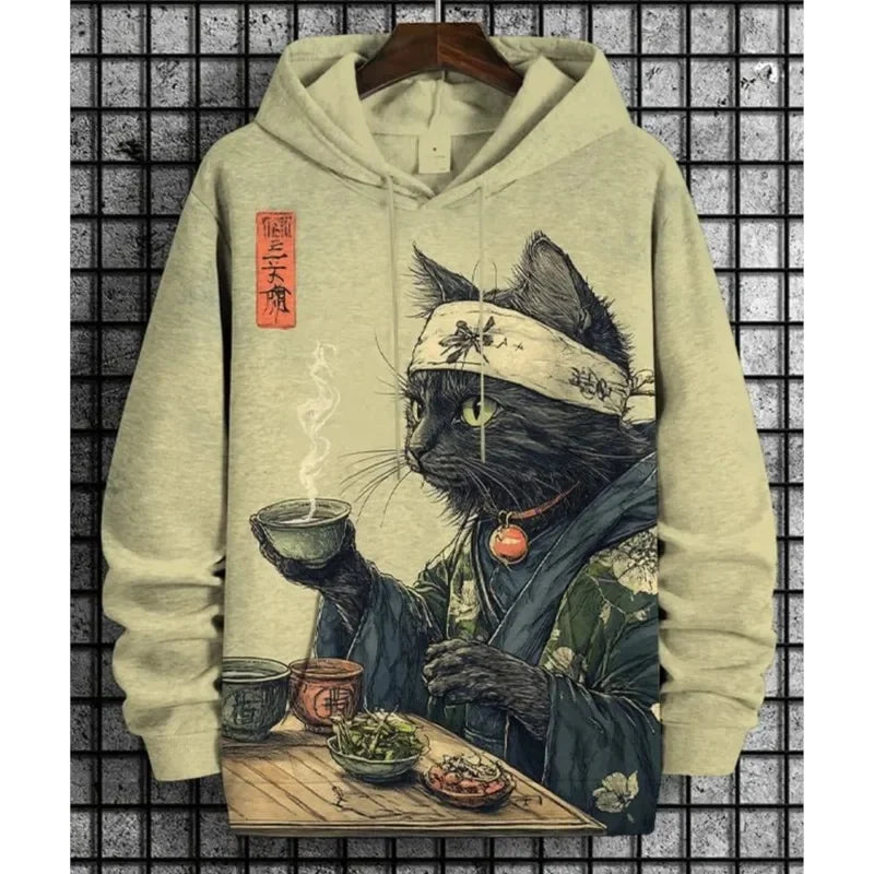 Unisexhoodie met kattenprint en kangoeroezak