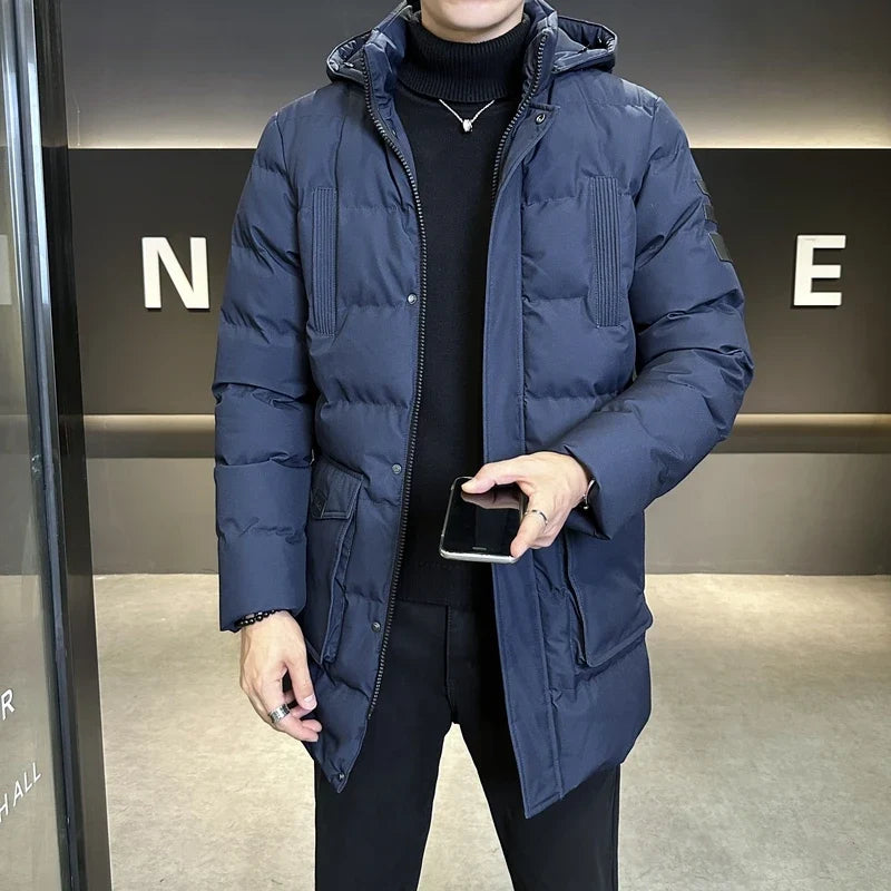 Herren Winter Steppjacke mit Kapuze Winddicht Marineblau