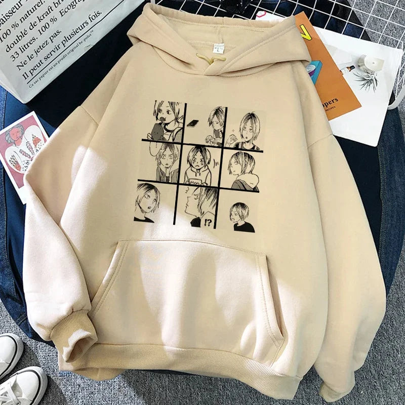 Hoodie met capuchon en anime-motief van de Karasuno Volleyball Club, beige