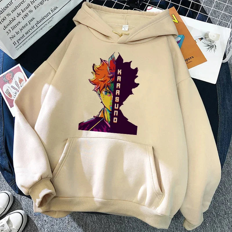 Hoodie met capuchon en anime-motief van de Karasuno Volleyball Club, beige