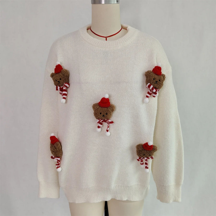 Kerstpullover met teddybeerapplicaties, lange mouwen en ronde hals