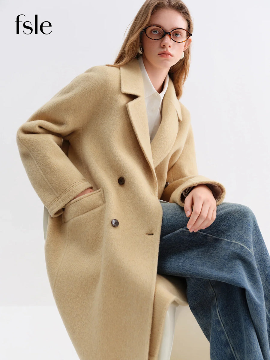 Damen Doppelreiher Mantel lang beige-camel