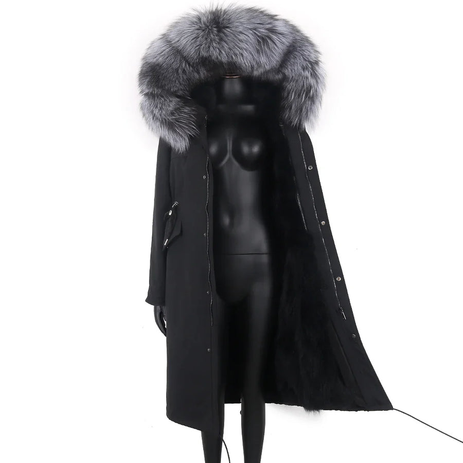 Parka mit Fellkapuze & Fellfutter langer Wintermantel Damen