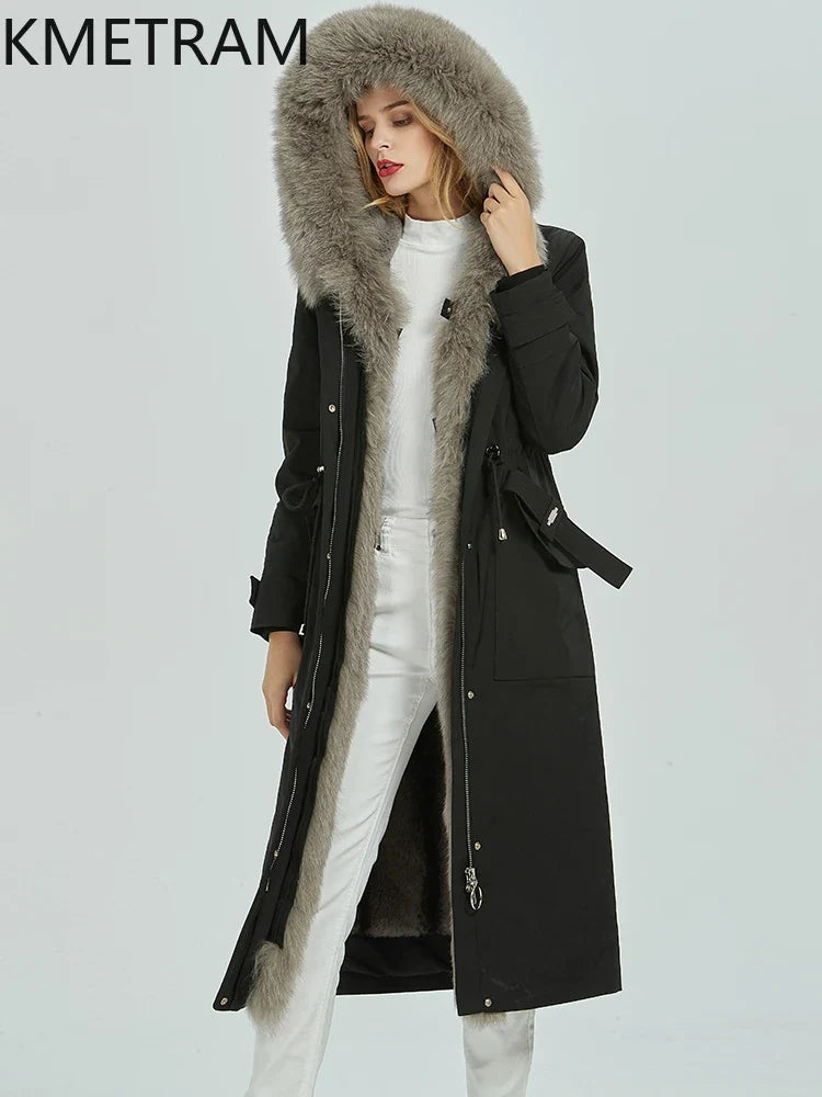 Langer Winterparka Damen Schwarz mit Kapuze und Fellimitat-Futter