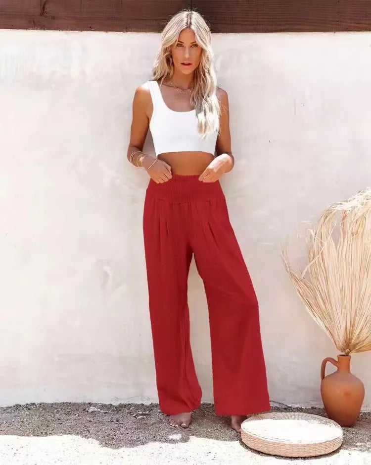 Damesstrandbroek met wijde pijpen, hoge gerimpelde tailleband, linnenlook en zakken