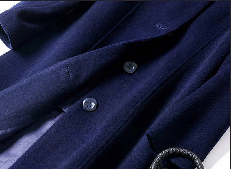 Damen Langer Mantel Elegante Knopfleiste Kragen Dunkelblau