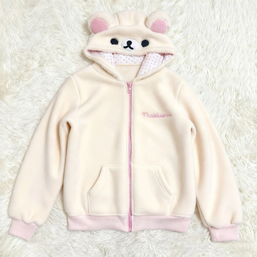 Teddybär Hoodie mit Reißverschluss für Damen – Beige/Cremefarben mit Bärenohren & Stickerei