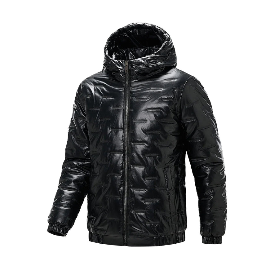 Glänzende Schwarze Steppjacke mit Kapuze