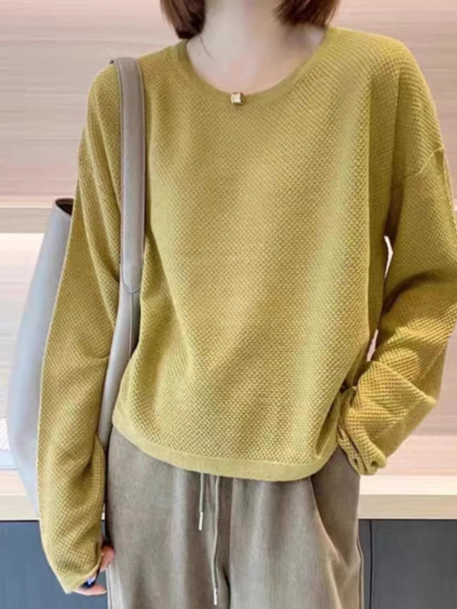 Damesshirt met lange mouwen, ronde hals, structuurpatroon, losse pasvorm