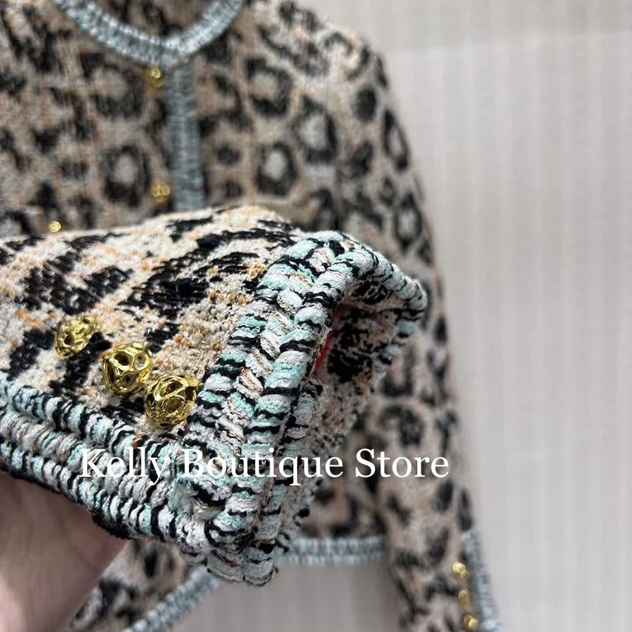 Damen Tweed-Jacke Leopardenmuster Rundhals Kurzjacke