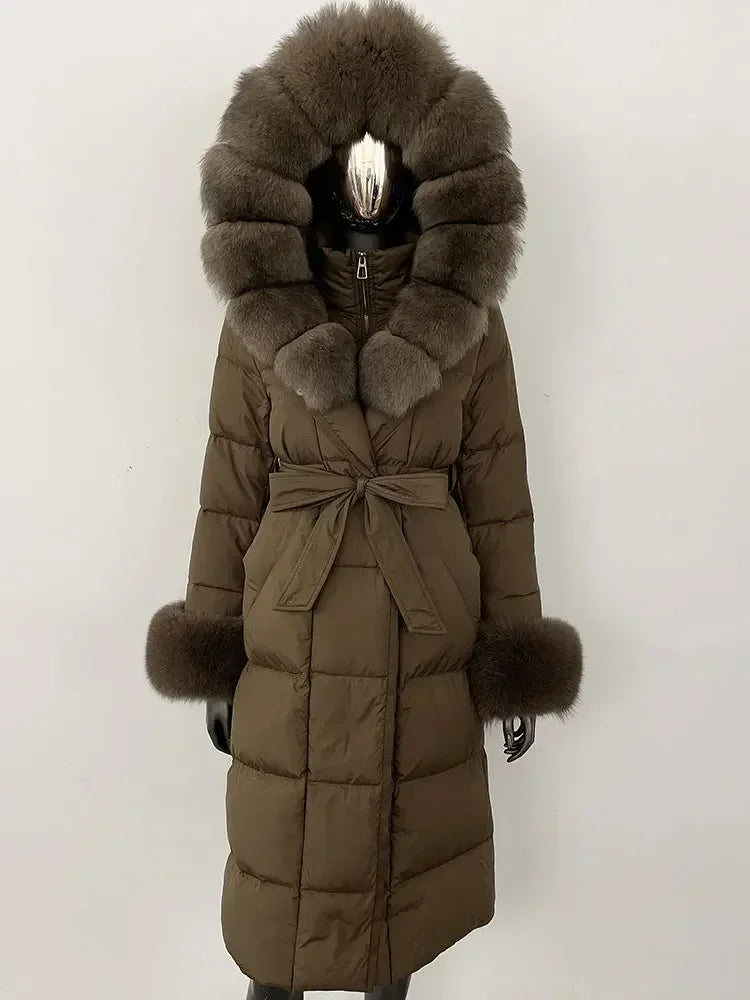 Damen Daunenmantel Lang mit Kapuze und Pelzbesatz Gürtel Steppjacke Warm