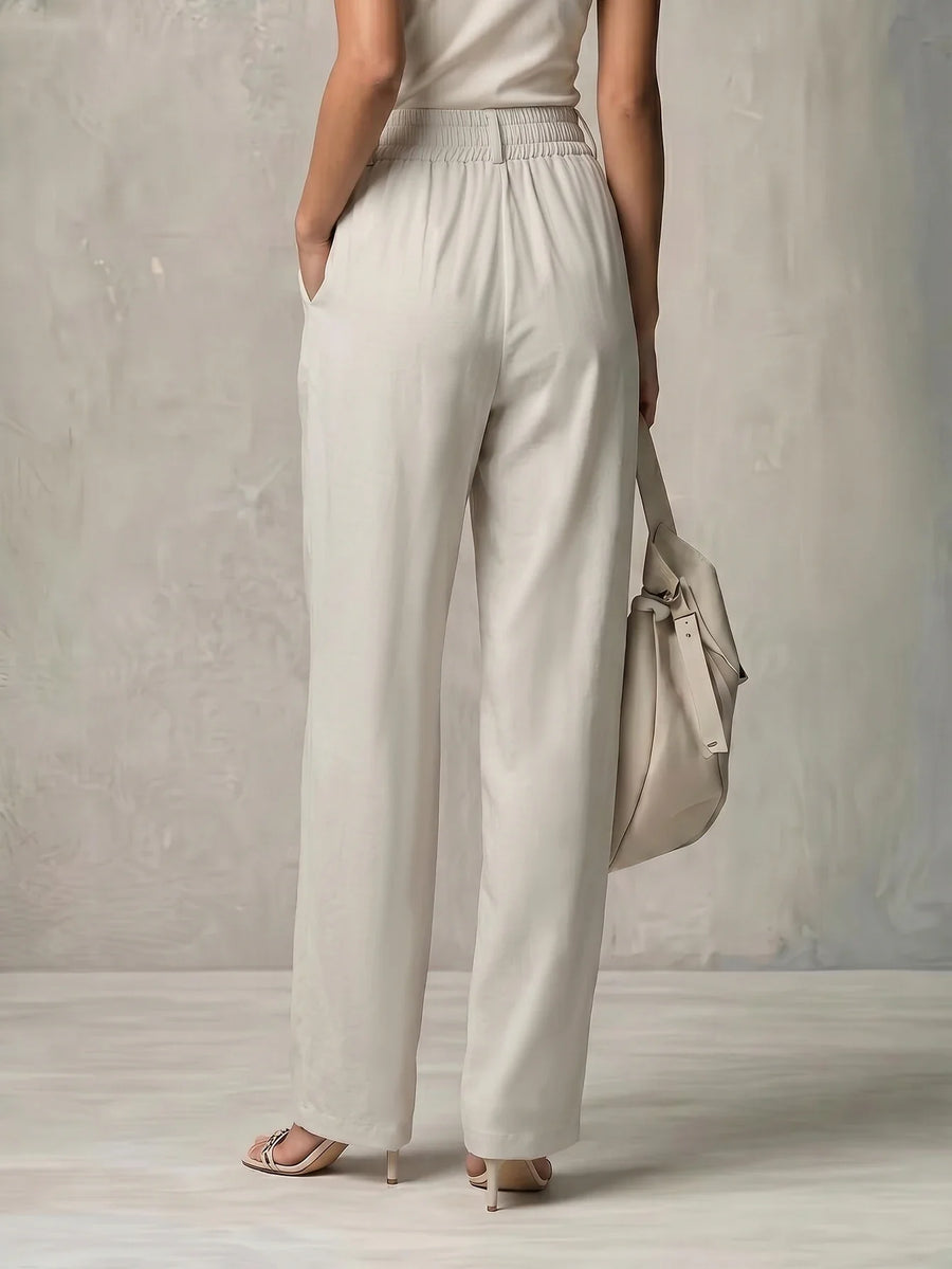 Damen Stoffhose Beige Plissee Weites Bein Hoher Bund