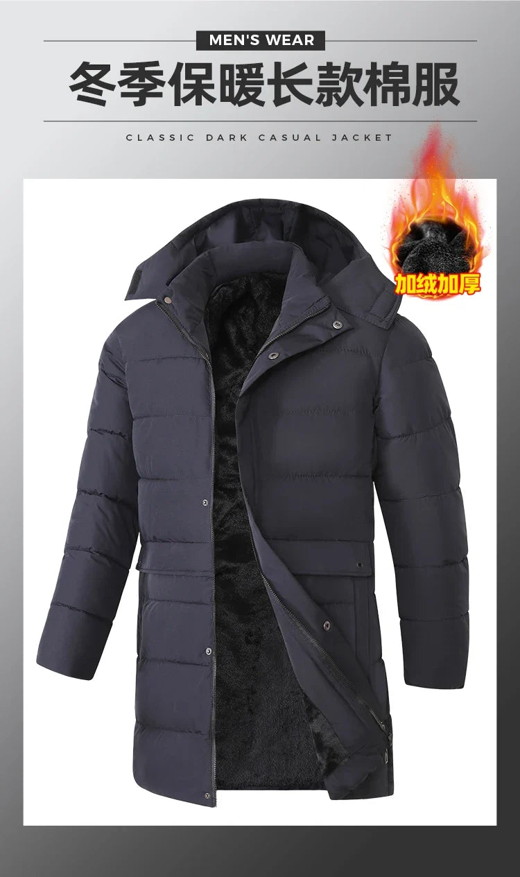Herren Langer Winter Steppmantel mit Kapuze und Knöpfen – Warm & Winddicht