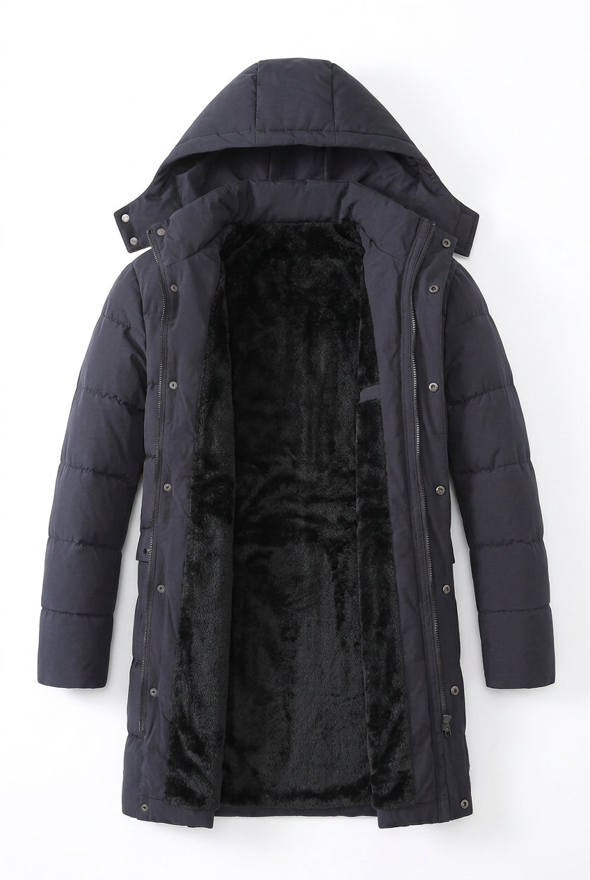 Herren Langer Winter Steppmantel mit Kapuze und Knöpfen – Warm & Winddicht