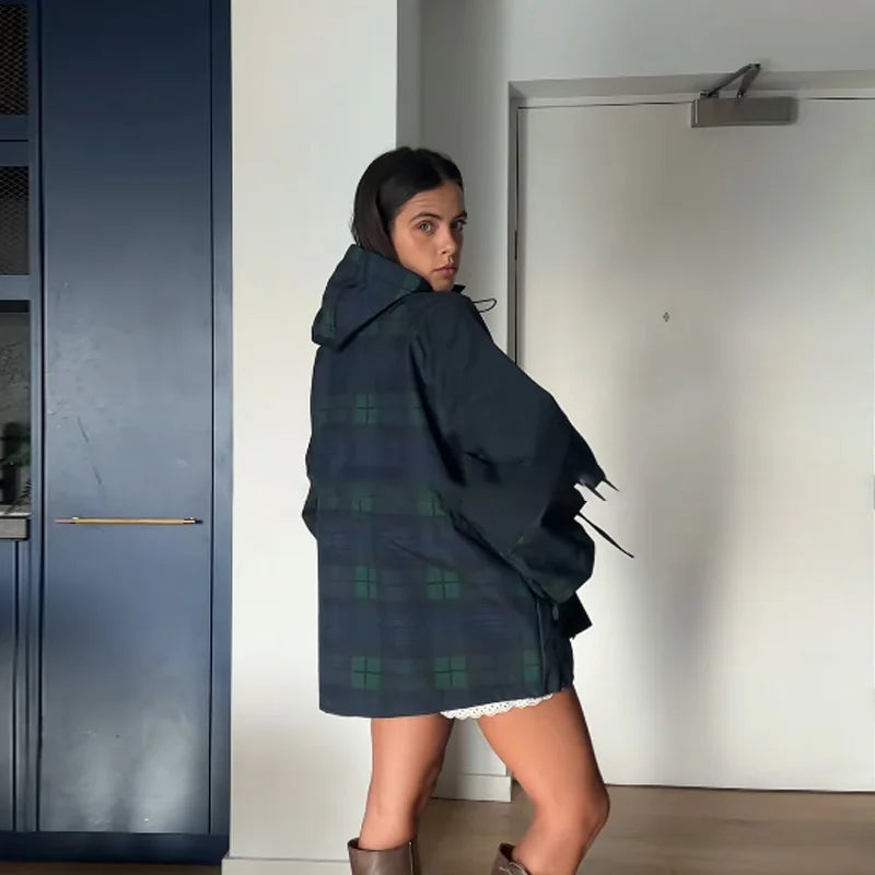 Damen Karo Jacke mit Kapuze und Kordelzug Grün Blau