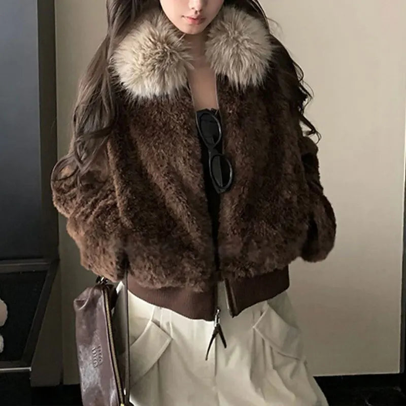 Damen Teddyfell Jacke mit Kunstfellkragen Reißverschluss