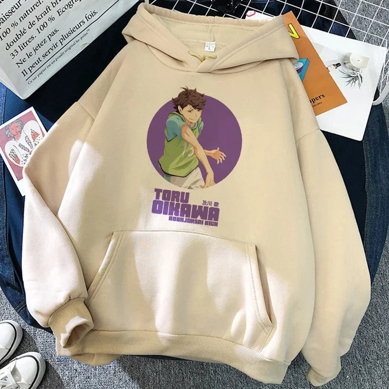 Hoodie met capuchon en anime-motief van de Karasuno Volleyball Club, beige