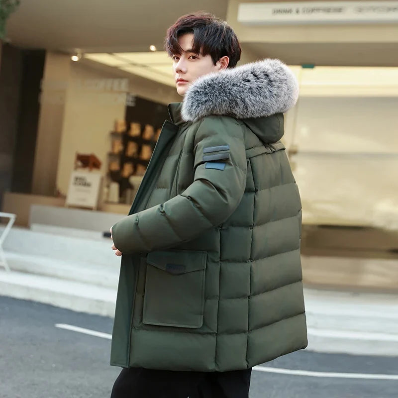 Herren Winterparka mit Kapuze Pelzbesatz Gepolsterte Lange Jacke