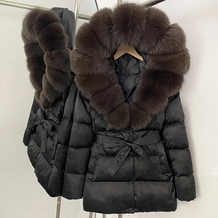 Damen Daunenjacke mit Kunstpelzkragen und Bindegürtel, warme Winterjacke