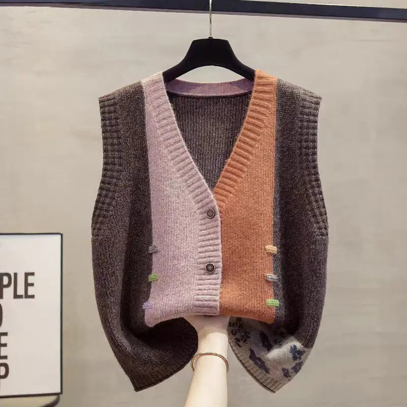 Gebreid damesvest met V-hals, mouwloos en color-block