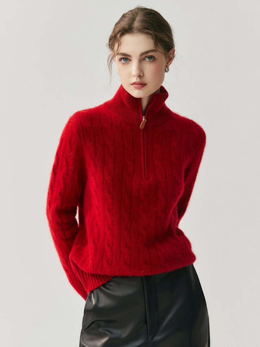 Damen Strickpullover Zopfmuster Halb-Reißverschluss Rollkragen