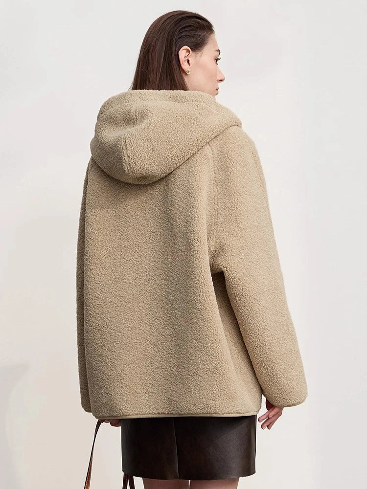 Damen Kapuzenjacke Teddyfleece Beige Übergangsjacke