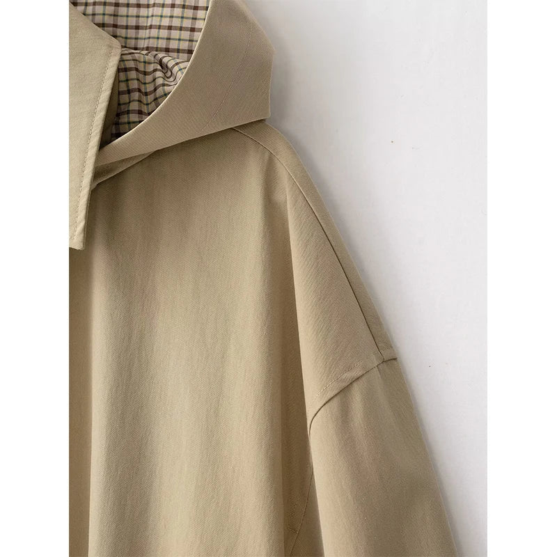 Damen Leichte Jacke Beige mit Kapuze Kariertes Futter Reißverschluss Tunnelzug Saum