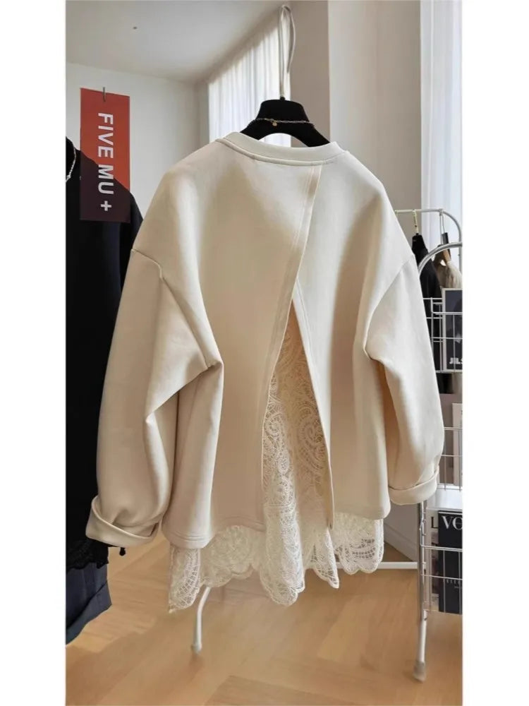 Damen Sweatshirt mit Spitze am Rücken Offen Beige