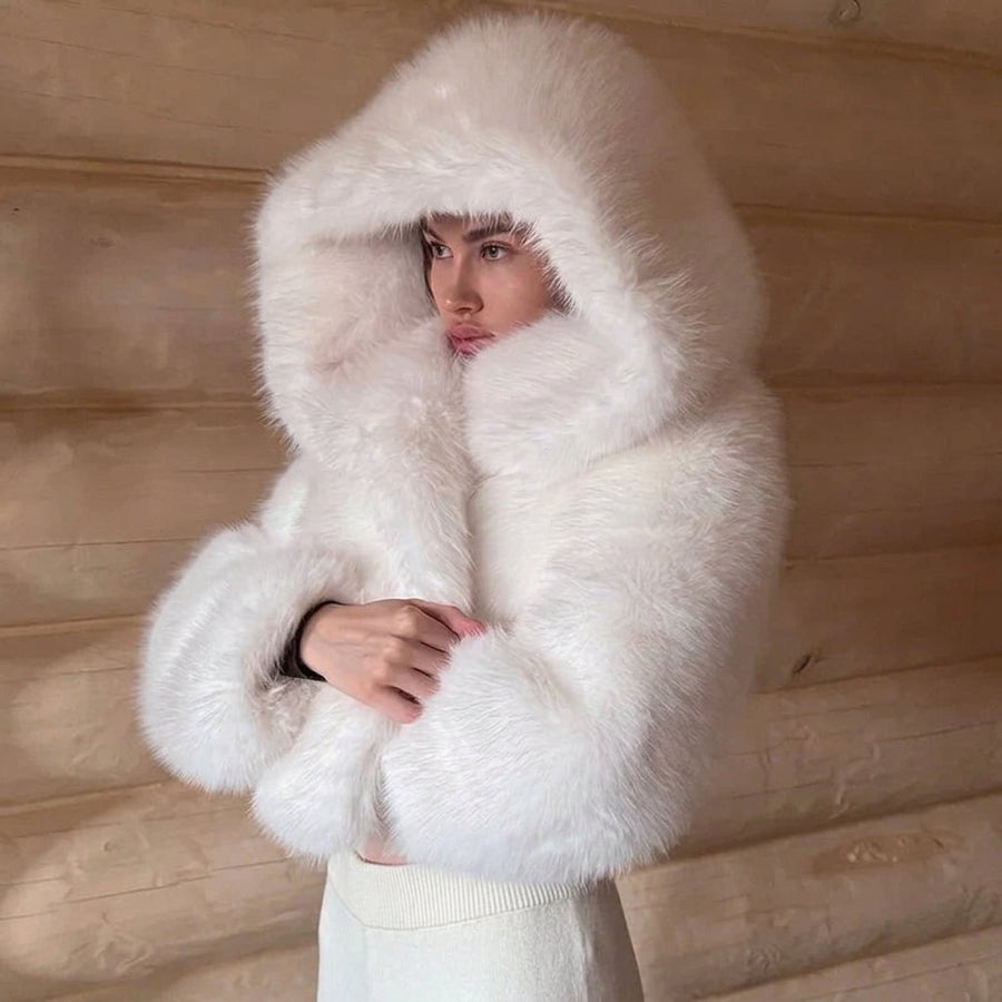 Dameswinterjas van imitatiebont met capuchon, kort, wit