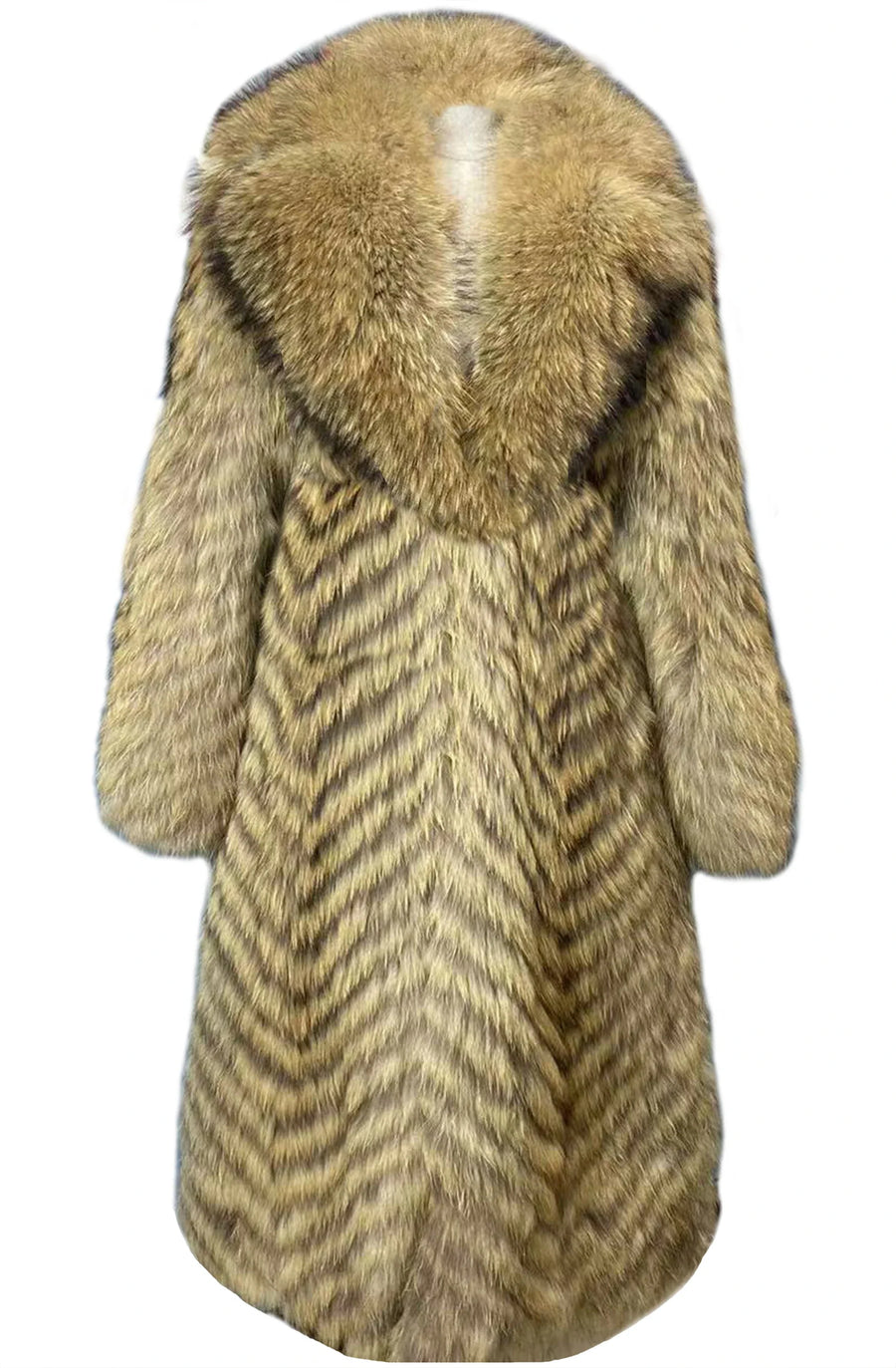 Damen Langer Mantel mit Pelz-Optik im Chevron-Muster