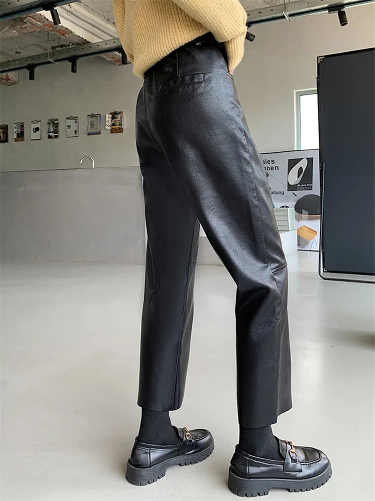 Damen Hose im Leder-Look Weites Bein Schwarz Burgund