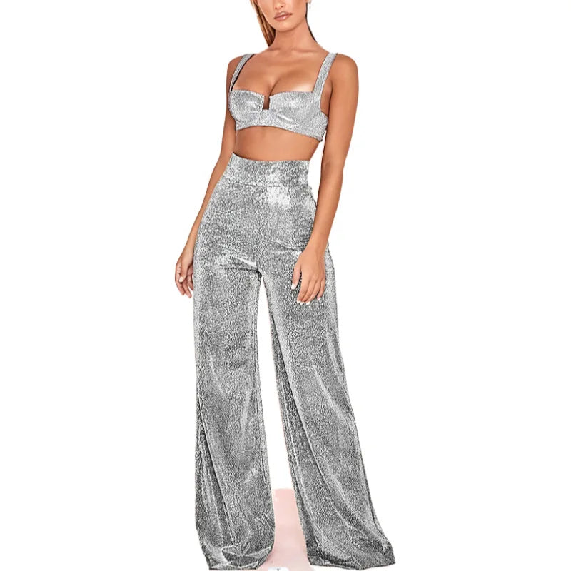 Damen Glitzer Crop Top & Weite Hose Set, Langarm, Hohe Taille