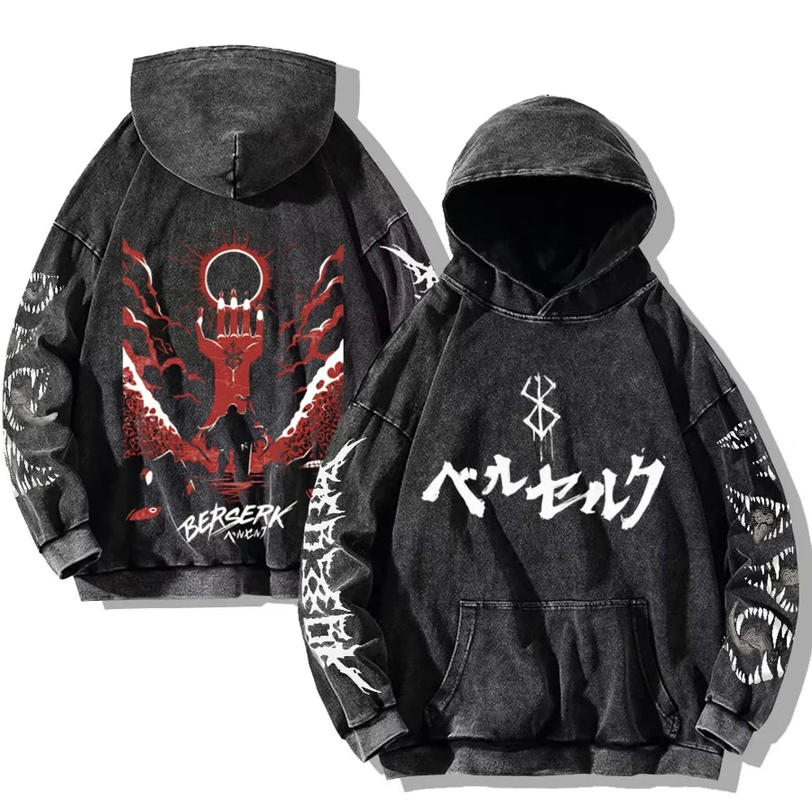 Vintage hoodie met capuchon en kangoeroezak – Berserk-print