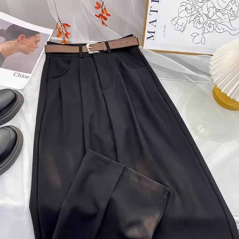 Damen Weite Hose mit Gürtel Bundfalten Elegante Freizeithose