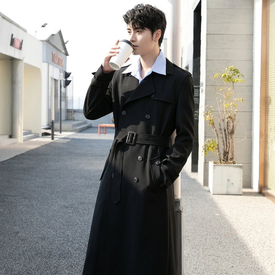 Herren Trenchcoat Lang Zweireiher mit Gürtel
