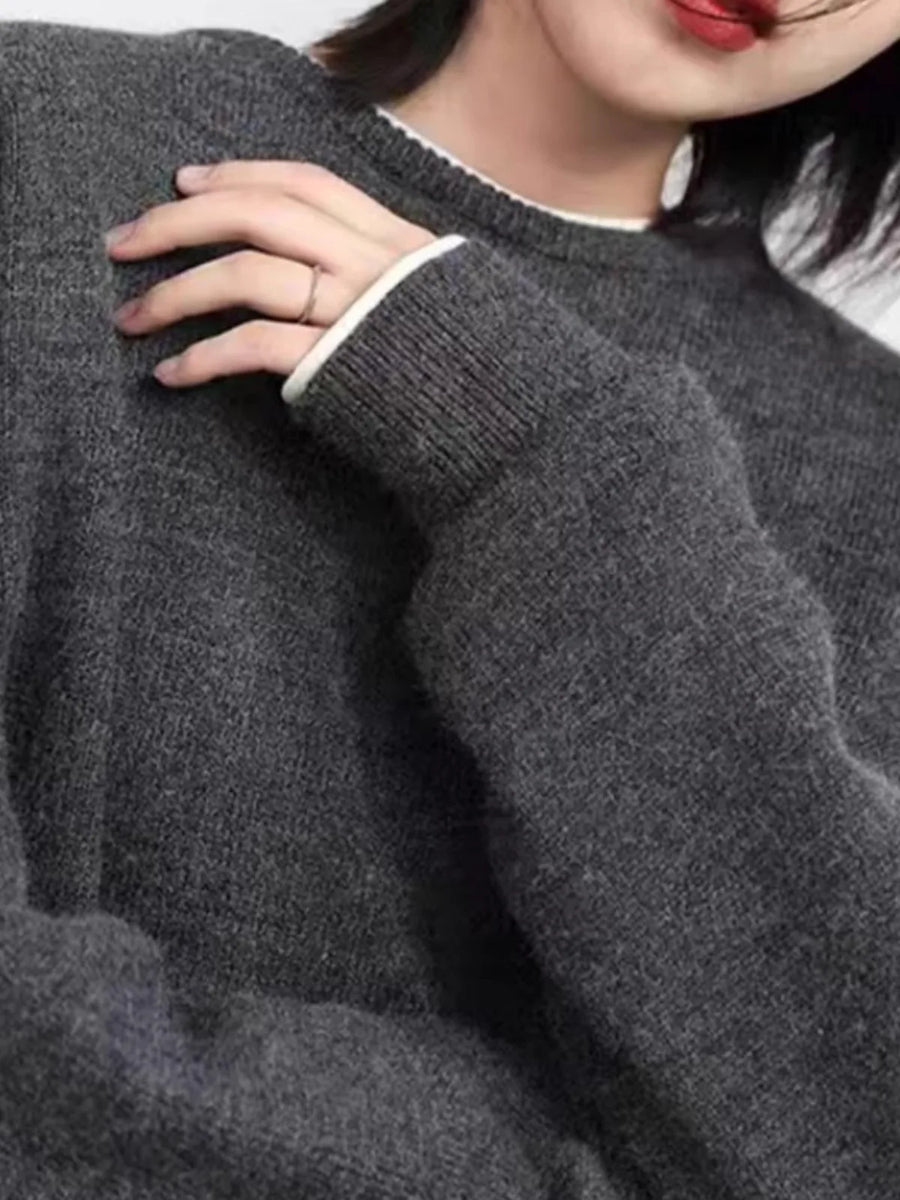 Grauer Damen Rundhals-Pullover mit langen Ärmeln