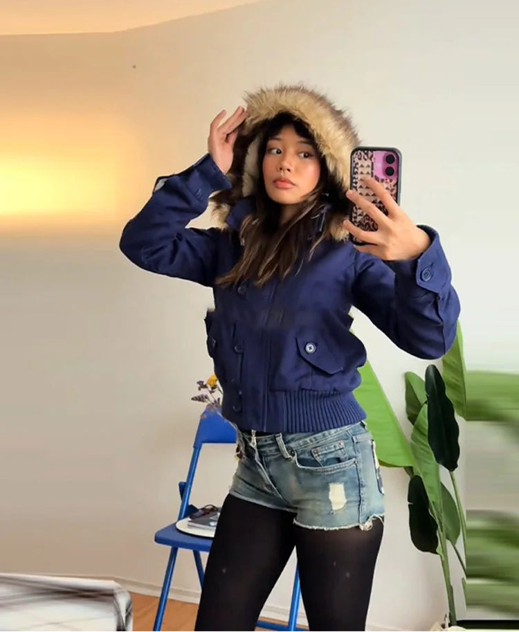 Damen Bomberjacke mit Kapuze und Kunstpelzbesatz