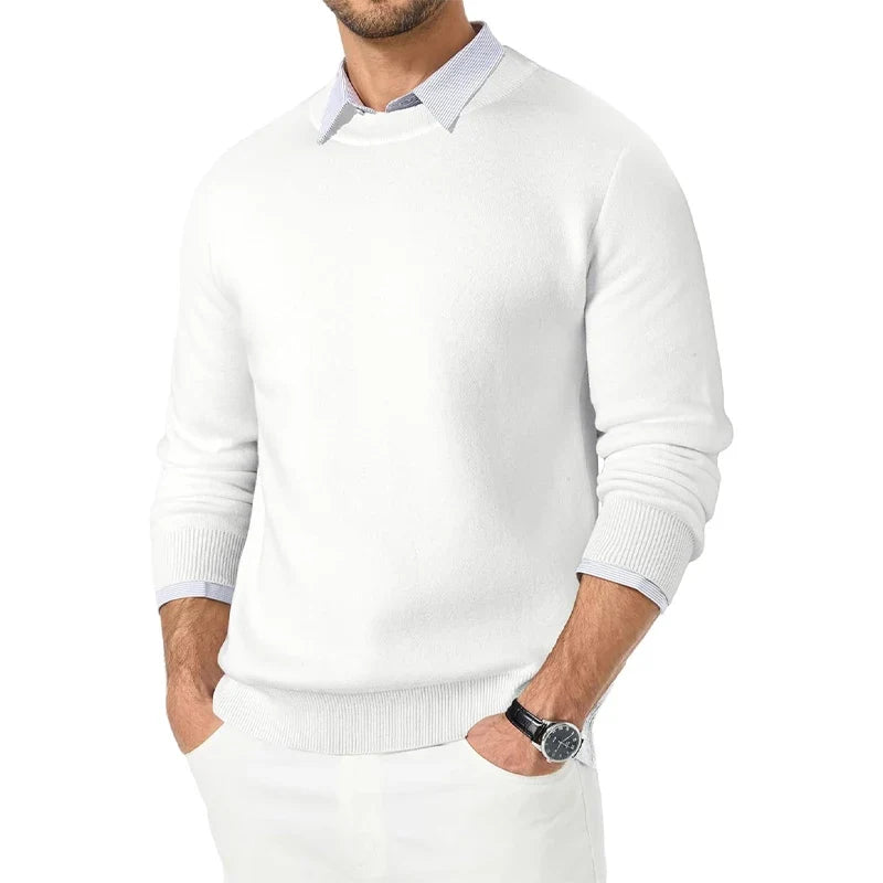 Heren trui met ronde hals – effen, lange mouwen, fijngebreide look